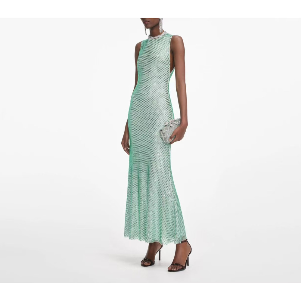 Self Portrait Mint Rhinestone Mesh Midi Dress US 4